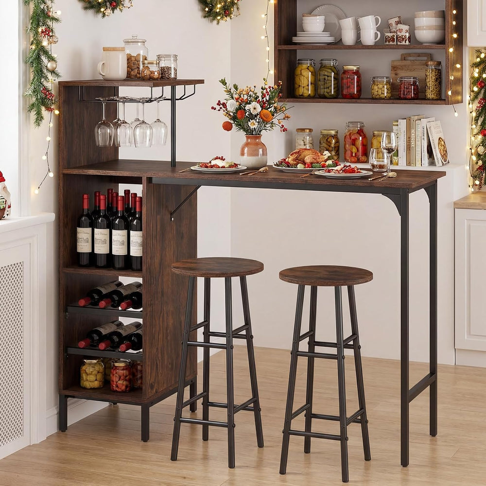COSTWAY 3 Pieces Bar Table and Chair Set, Industrial Pub Table & Stools