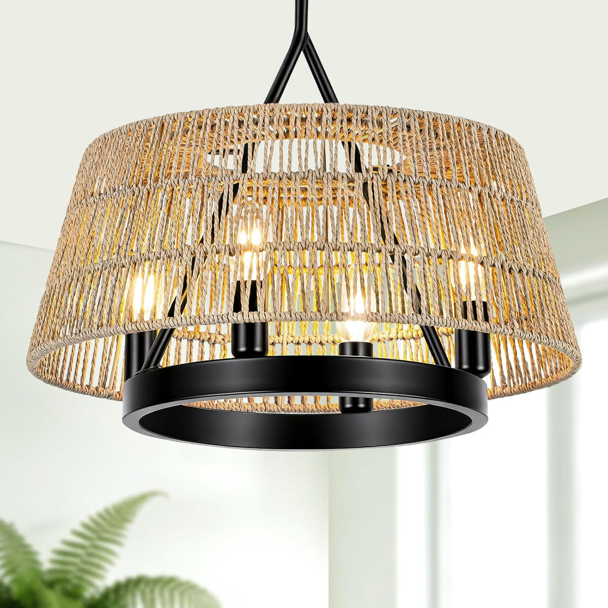 18 inch 4-light boho rattan chandelier, hand woven, main product view