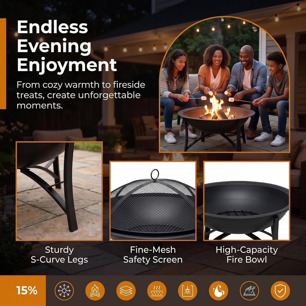 Fire Beauty 22" Outdoor Wood Burning Fire Pit with Spark Screen, Black