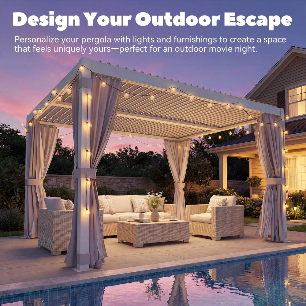 MELLCOM 10x12 Louvered Pergola Adjustable Roof w/Curtains & Mesh
