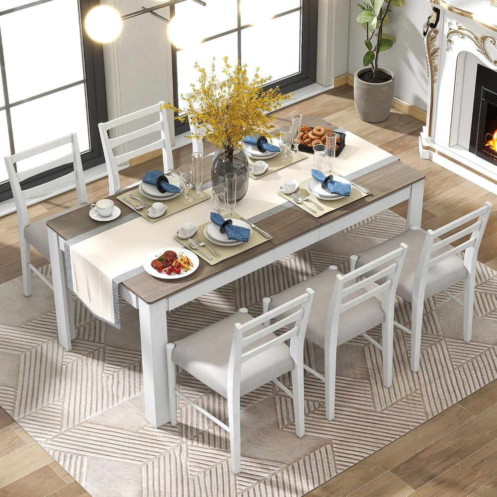 7 Pieces Dining Table Set Wooden Rectangle Extendable Table with 12” Leaf and...