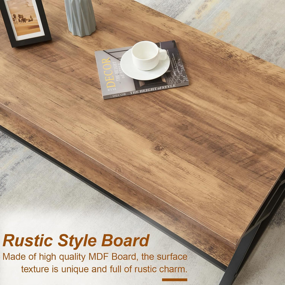 HOMISSUE Coffee Table, Rustic Rectangle Coffee Table with 2-Tier Storage, Eng...