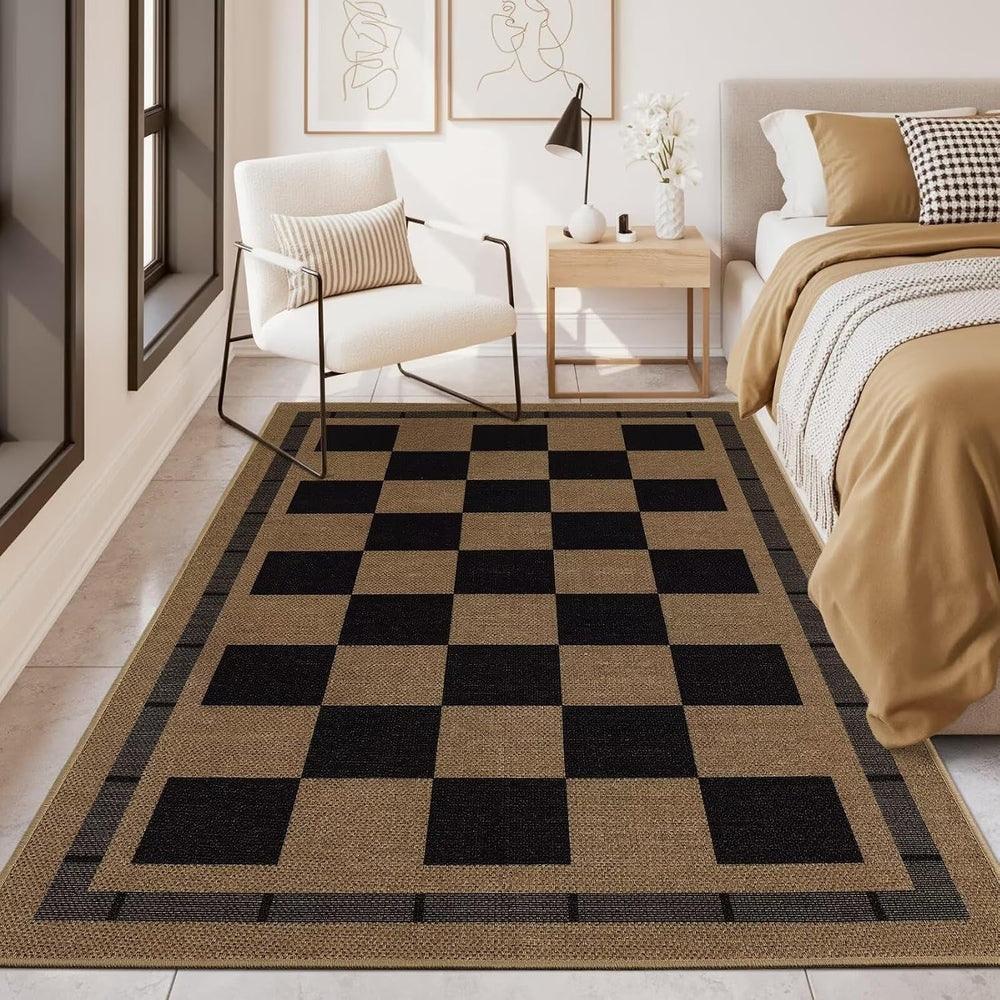 5x7 Checkered Jute Outdoor Rugs, Washable Rug for Living Room Bedroom Patio