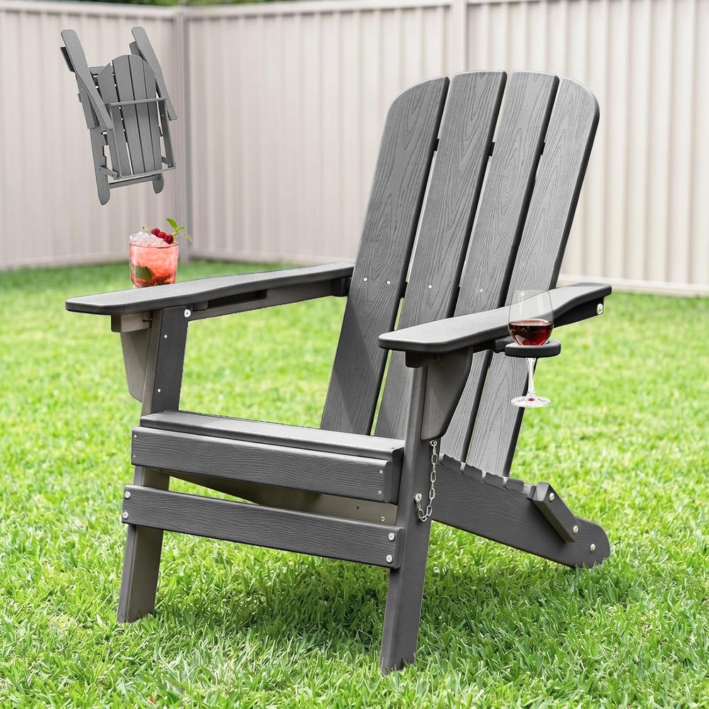 Folding Adirondack Chair with 2 Cup Holder, HDPE Plastic Patio Chairs