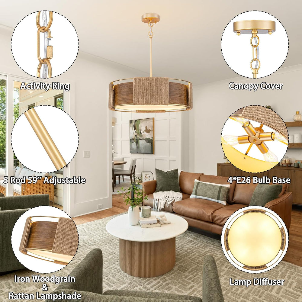 Modern Rattan Chandelier, 4-Light 2-Layer Shade Gold Chandelier Rustic 19.7&#...
