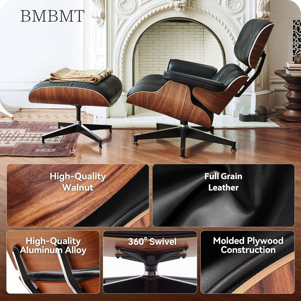Mid Century Modern Top Grain Leather Chaise Lounge Chair & Ottoman