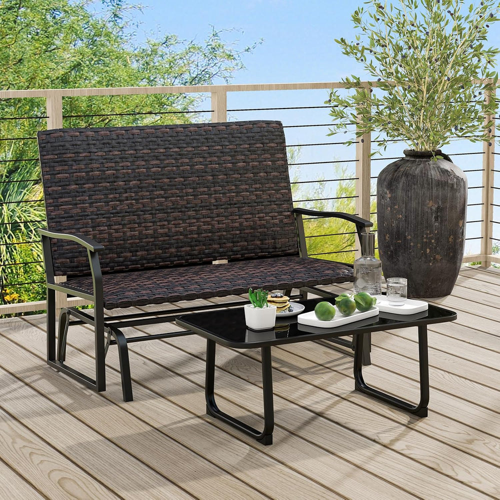 Tangkula Outdoor Rattan Glider Bench, 2-Person All Weather Resistant Glider L...