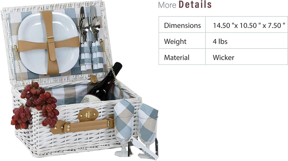 Boothbay White 2 Person Willow Picnic Basket Set with Plates Flatware Wine Gl...