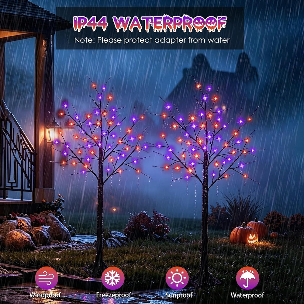 2 Pack 4 FT Lighted Black Halloween Tree Lights with 100 LED Orange Purple