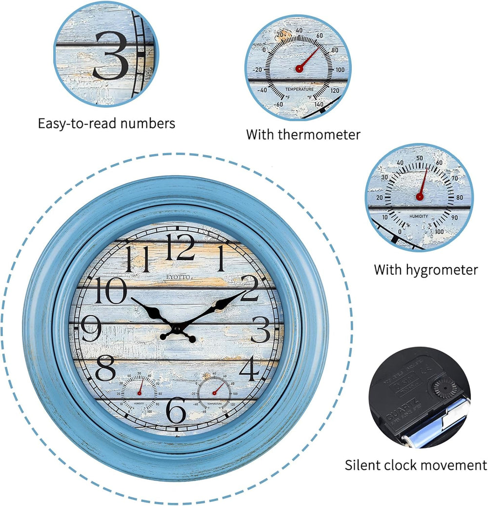 eYotto 18-Inch Outdoor Wall Clock with Waterproof Thermometer & Hygrometer