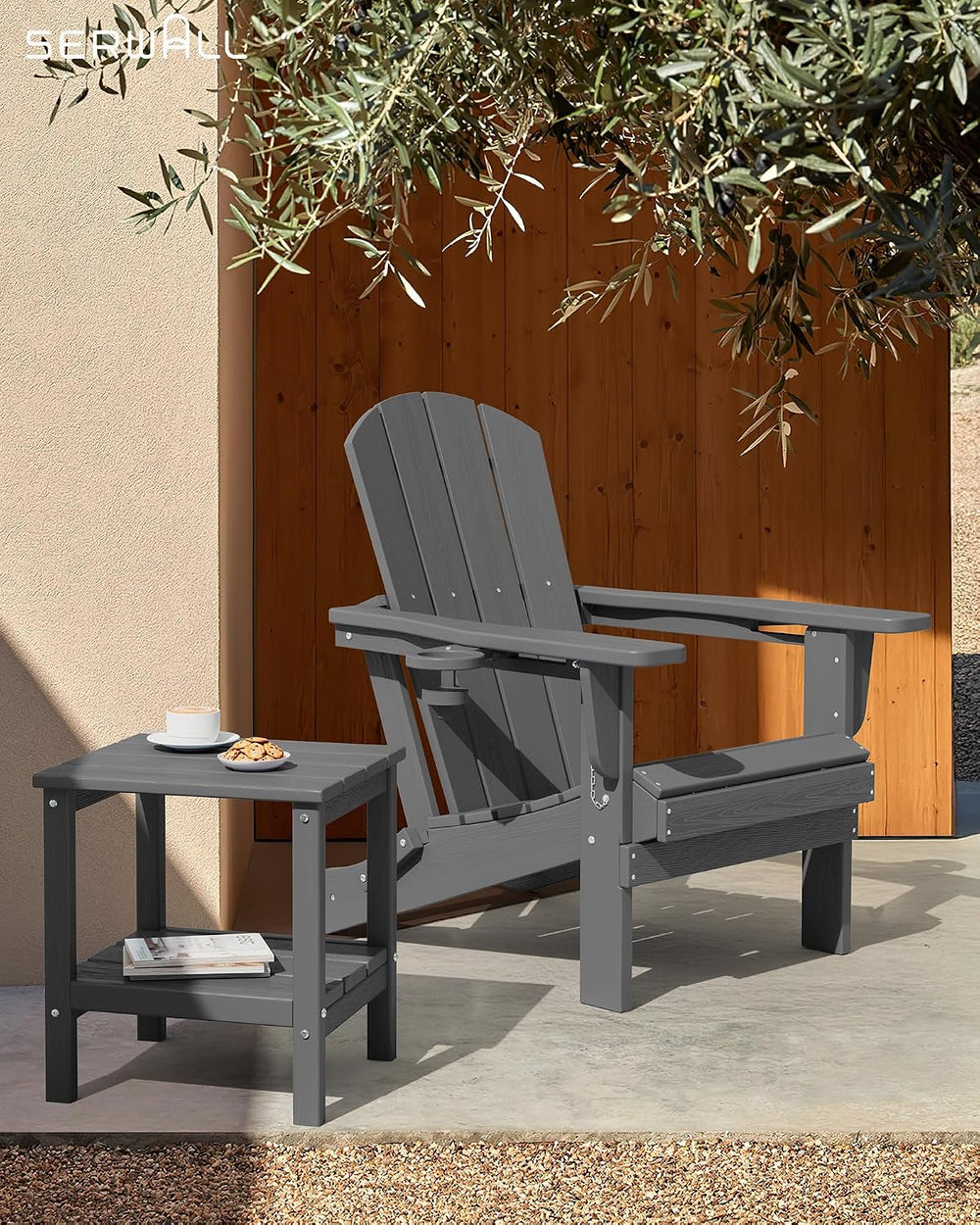 SERWALL 2-Tier HDPE Outdoor Side Table, Weatherproof Rectangular Adirondack S...