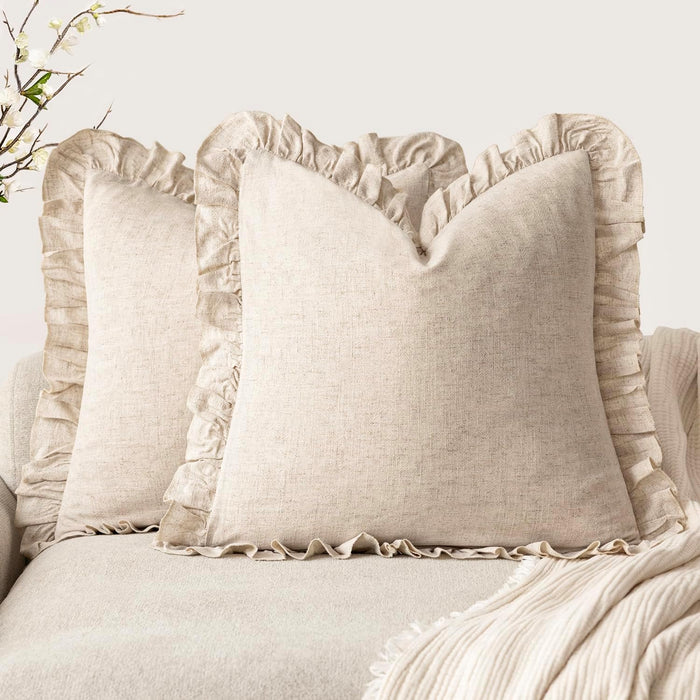 Foindtower Linen Fringe Ruffle Throw Pillow Covers 22×22 Inch Natural Beige