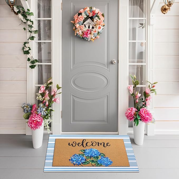 Tinideya 2 Pcs Hydrangea Door Mat Blue and White Stripe Welcome Non Slip Flow...