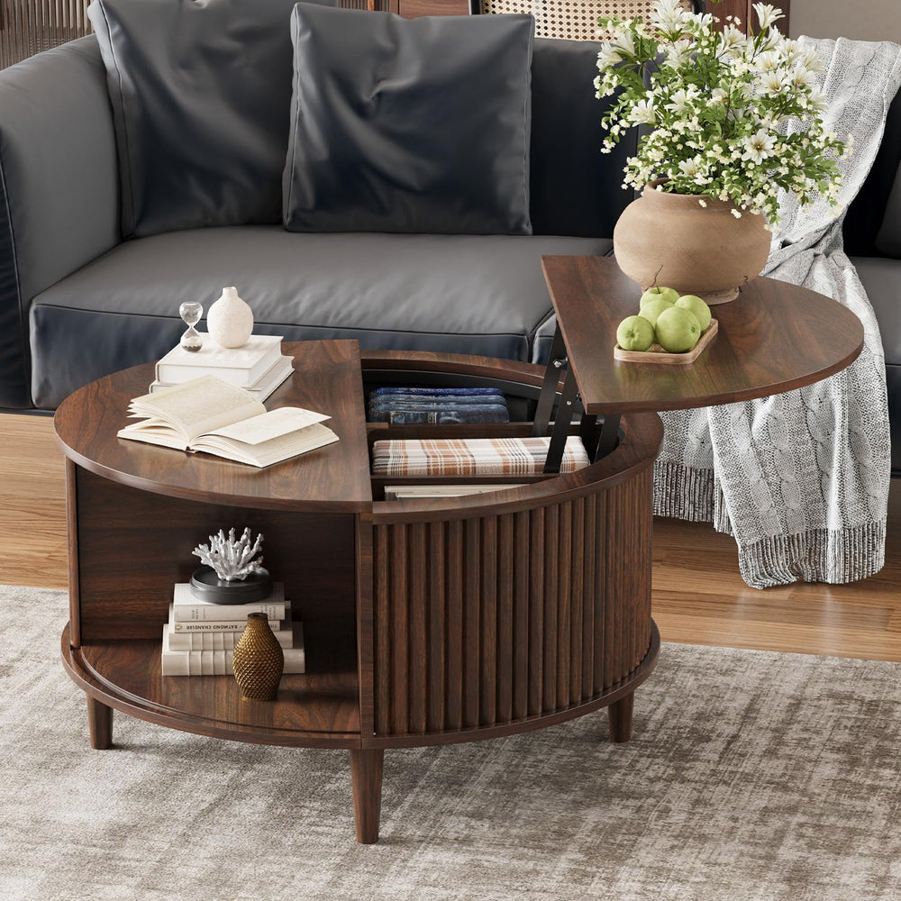 Lift Top Coffee Table with Storage, Fluted Round Center Table with Sliding Ca...