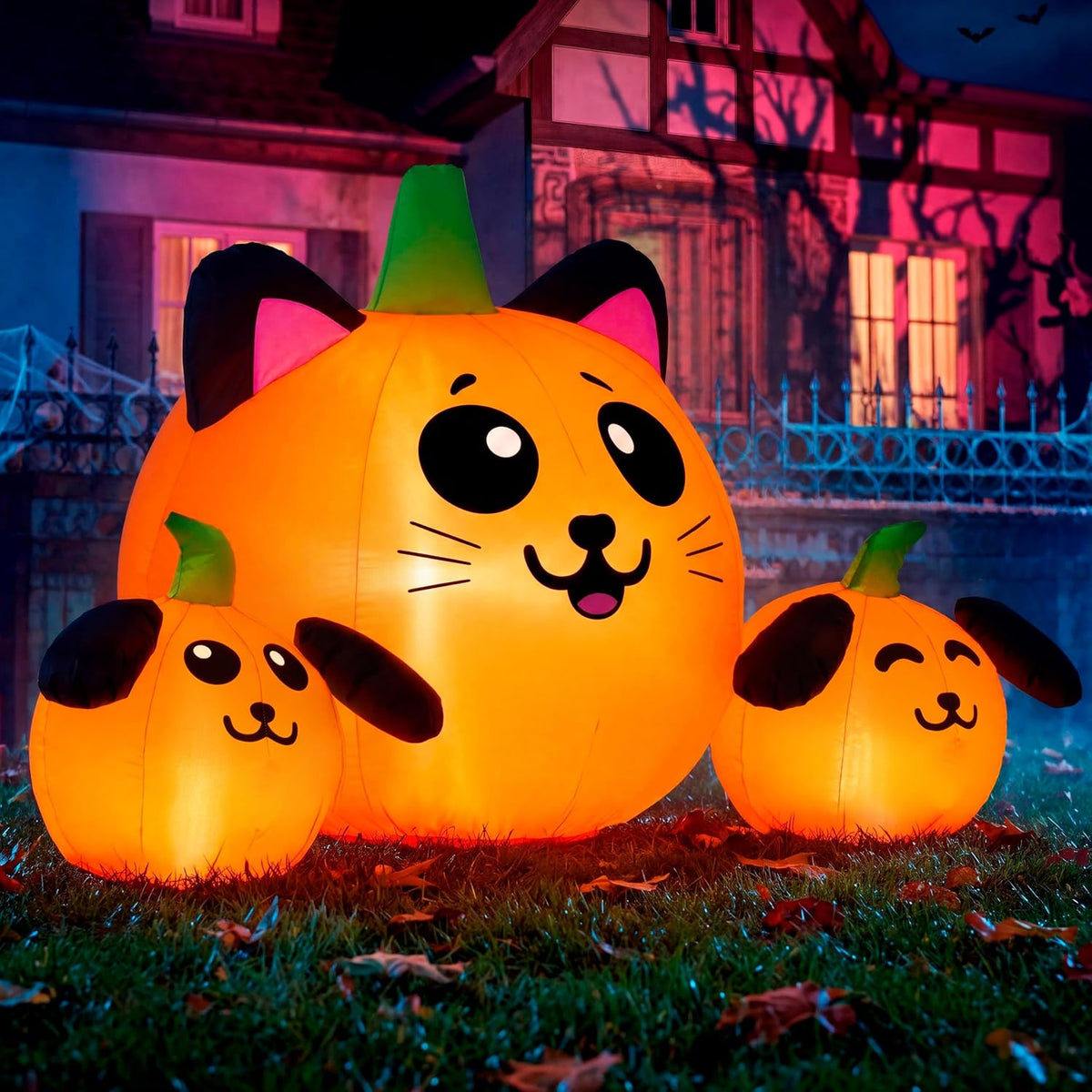 JOYIN 5FT Long Halloween Inflatable Pumpkin Cat & Dog Head Combo Outdoor Decoration with Built-in LED Lights, Halloween Inflatable Decoration Blow Up Decoration for Yard Lawn Garden Indoor Decor