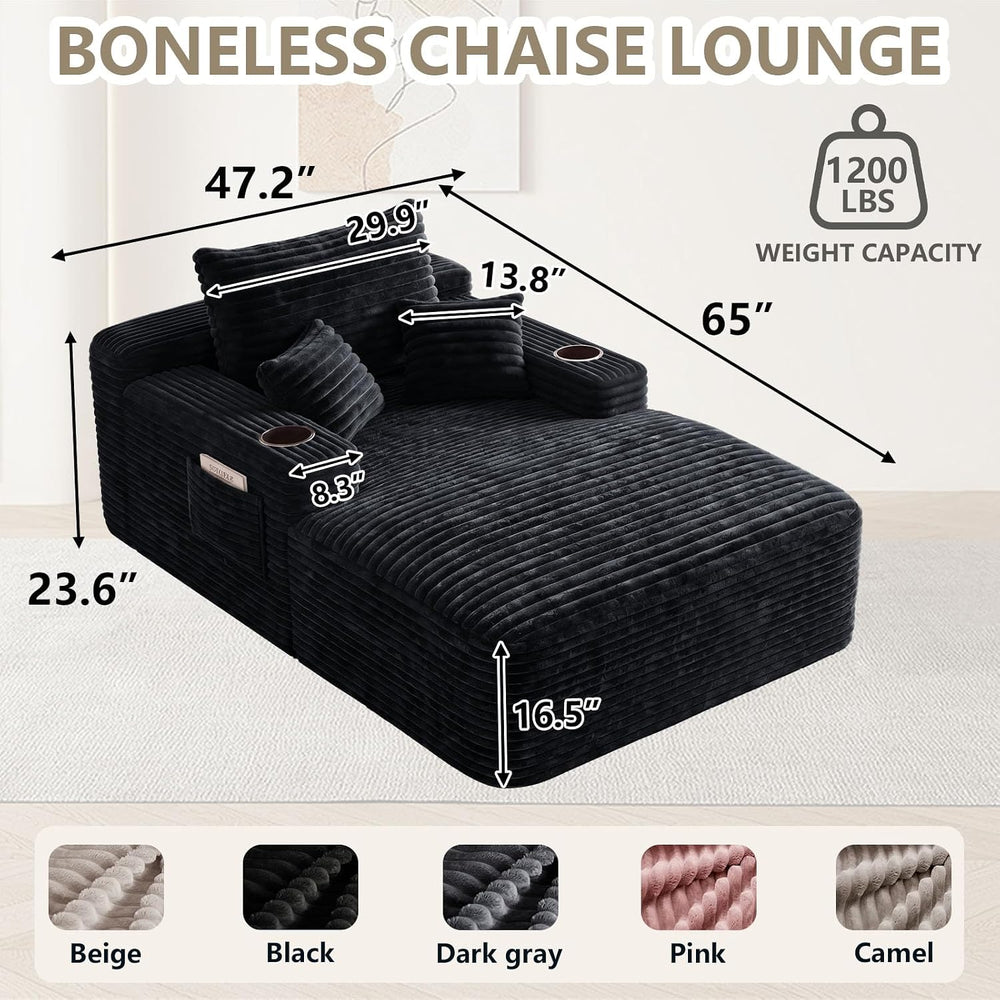 65" Chaise Lounge Chair Indoor with Cup Holders & Side Pocket, Overs...