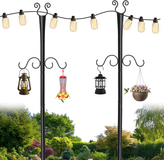 2 Pack Outdoor Patio Light Poles for String Lights, 10Ft Heavy Duty Metal String Light Poles with Shepherds Hooks for Hanging Plant & Bird Feeder, Deck Pole for Outdoor Strings Lights