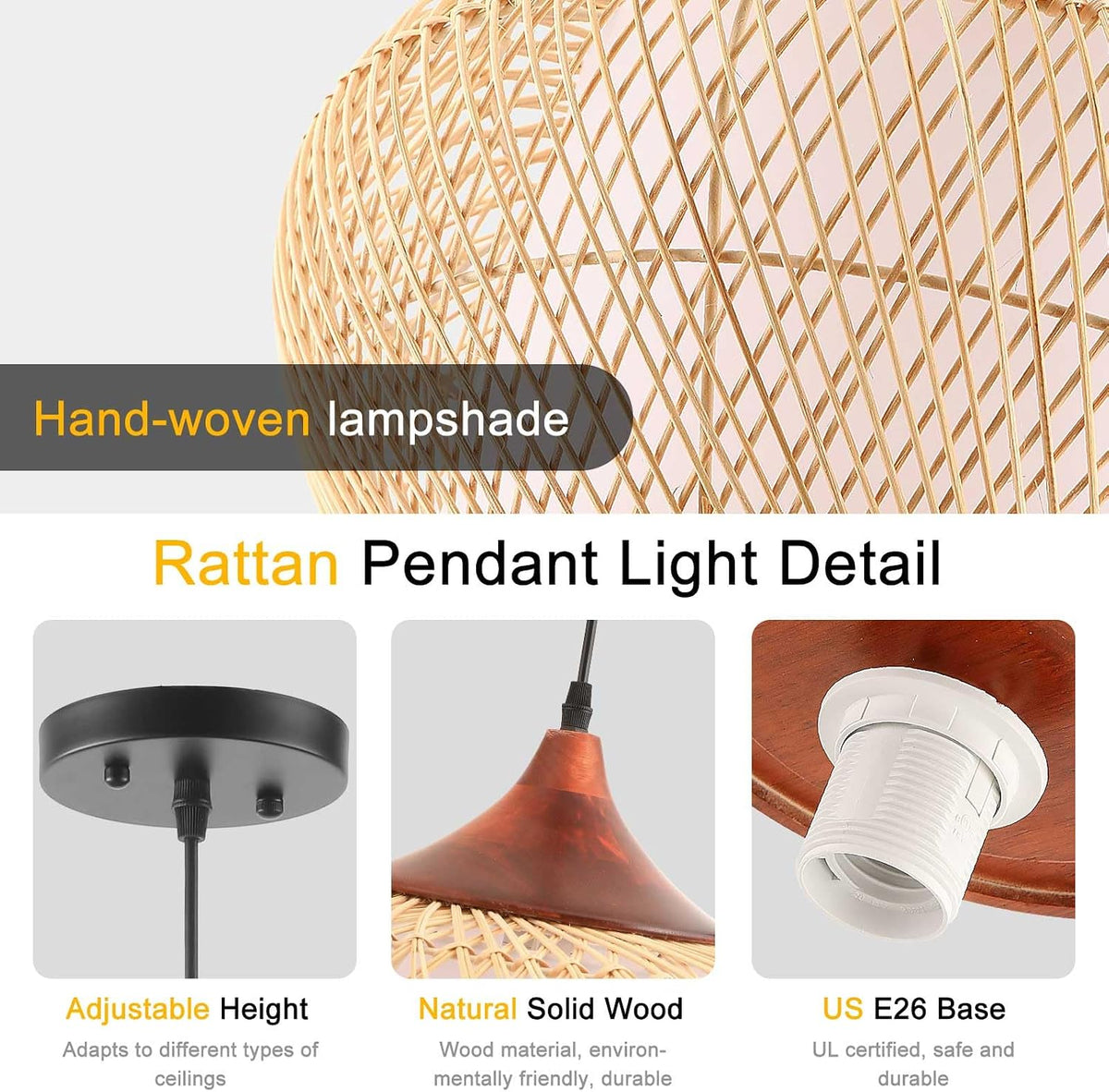 rattan pendant light fixture, hand-woven wicker hanging lighting shown in use