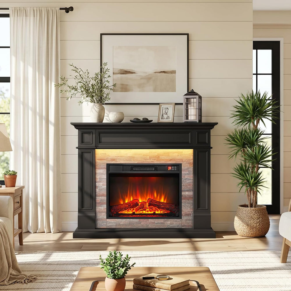 LGHM 44" LED Freestanding Electric Fireplace, Stacked Stone, Black