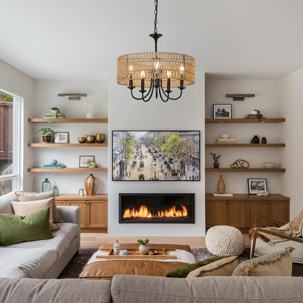 LAMSU Modern Farmhouse Chandelier Light Fixtures, 5-Lights Large Rattan Penda...