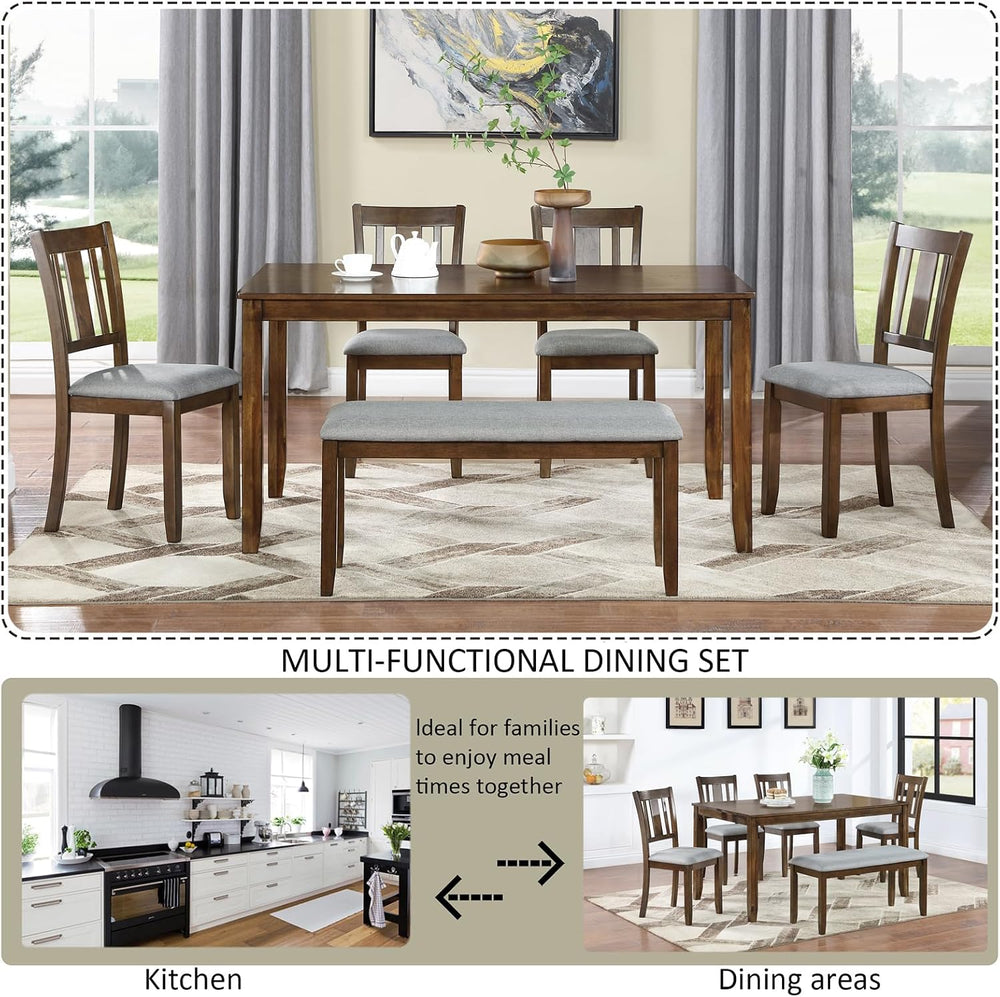 Merax 6 Piece Kitchen Dining Set, Rectangular Wooden Dining Table with 4 Upho...