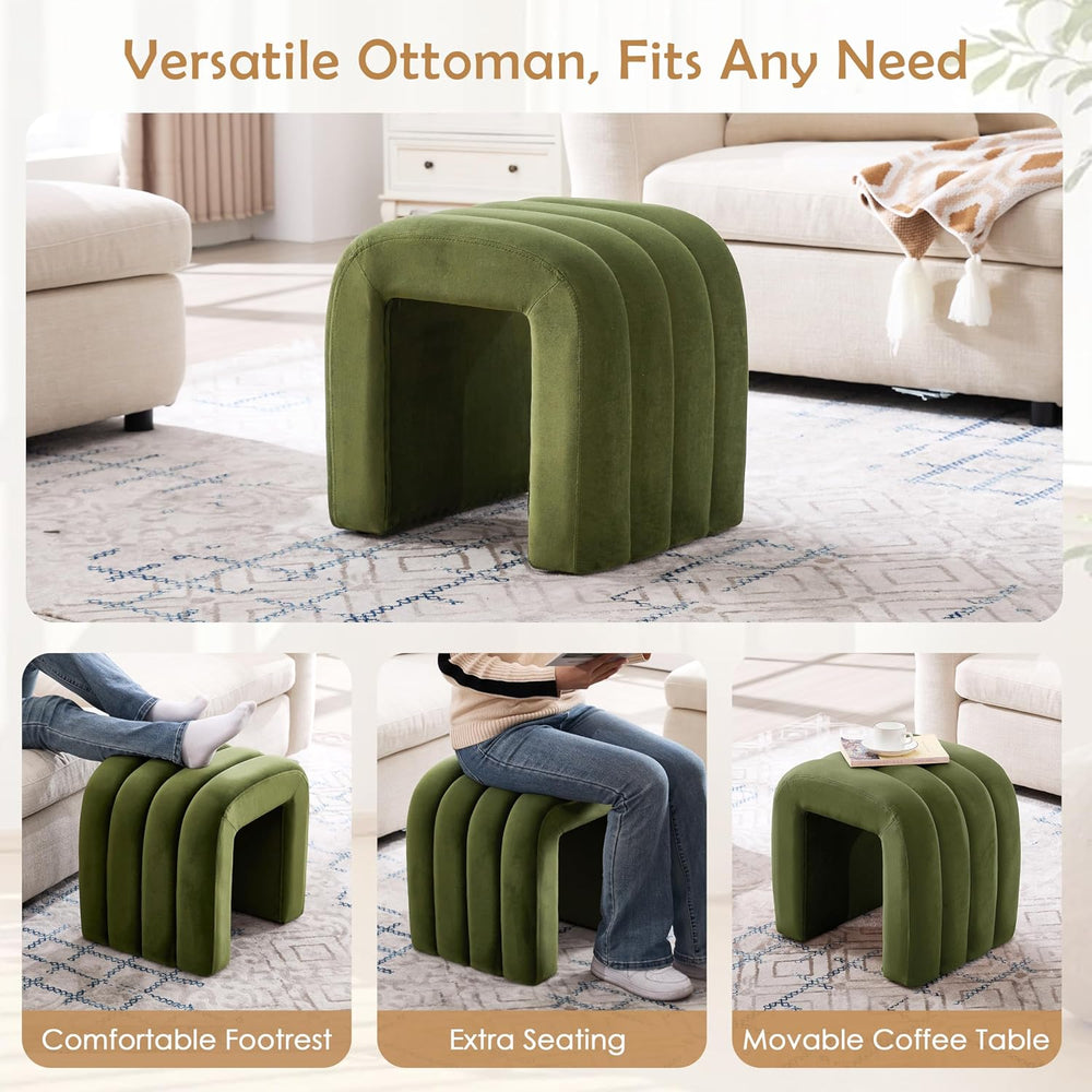 Olive Green Velvet Ottoman Stool, Small Vanity Stool