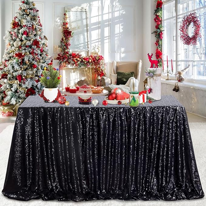 QueenDream Seamless Sequin Tablecloth 90x132 Inch Black Rectangular Tableclot...