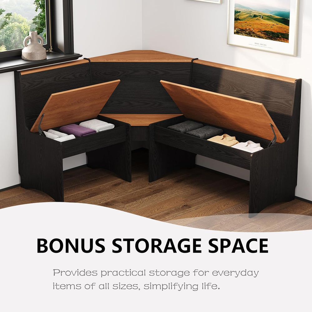 Farmhouse Breakfast Nook Table Set with Corner Bench (Black + Natural)