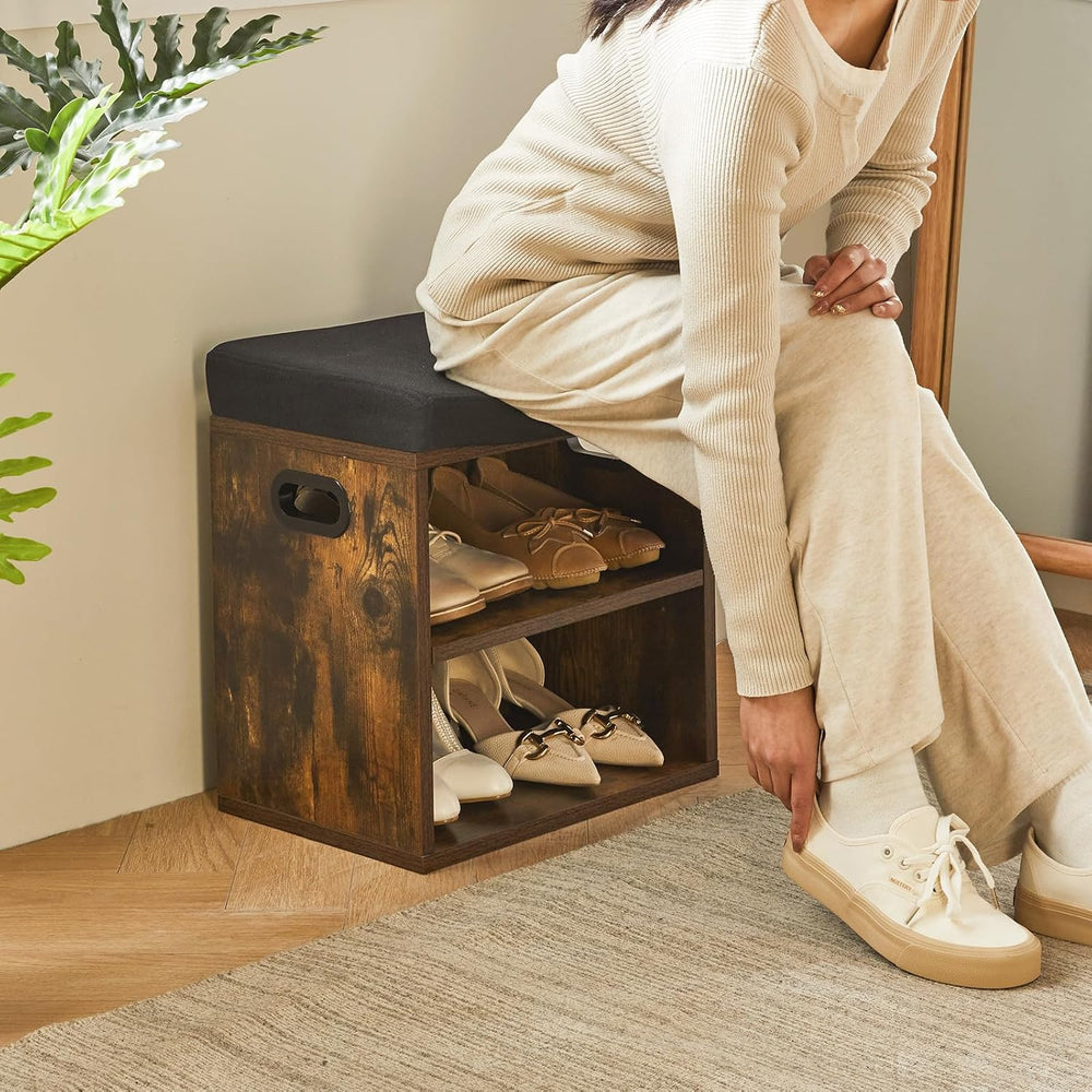YMYNY Small Shoe Storage Bench with Cushion, Rustic Brown, HBD028H