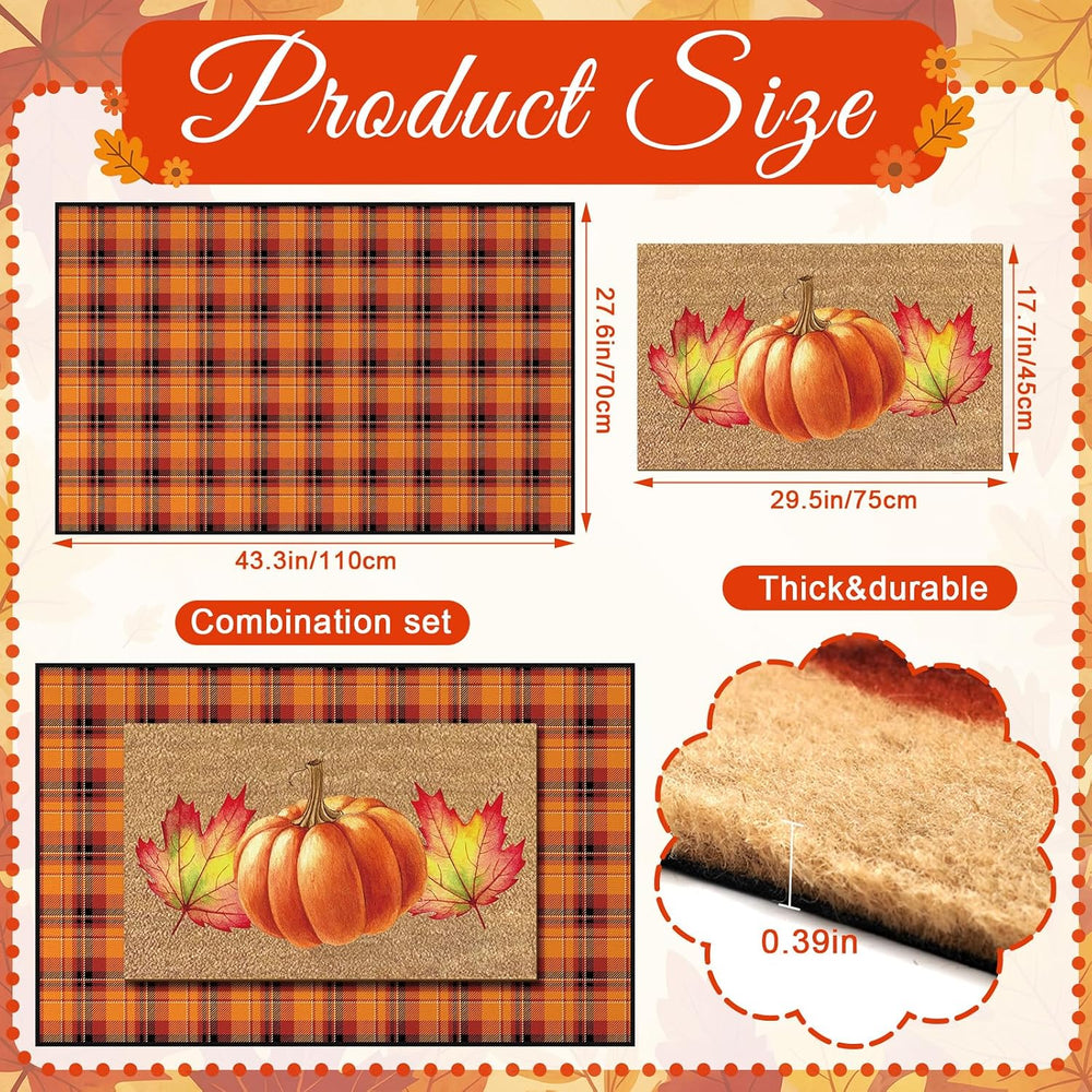 Fourluoo 2 Pcs Fall Door Mat Set Buffalo Plaid Pumpkin Decor