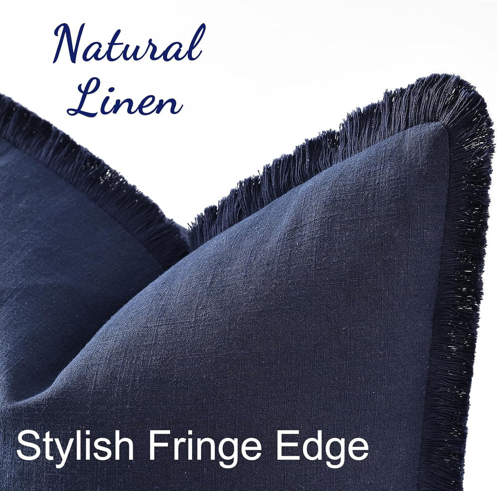 decorUhome Linen Fringe Navy Blue Throw Pillow Covers 18x18 Set of 2