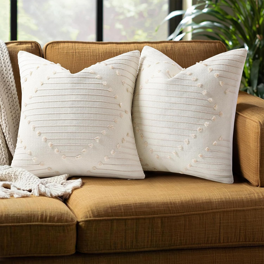 Mecatny Boho Outdoor Throw Pillow Covers 18x18 Set of 2 Beige & Cream White
