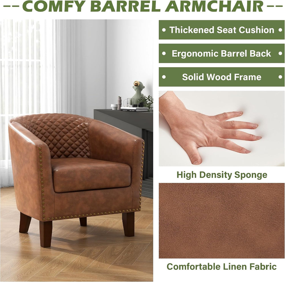 Faux Leather Barrel Accent Chairs Set of 4, Modern Armchair, Brown