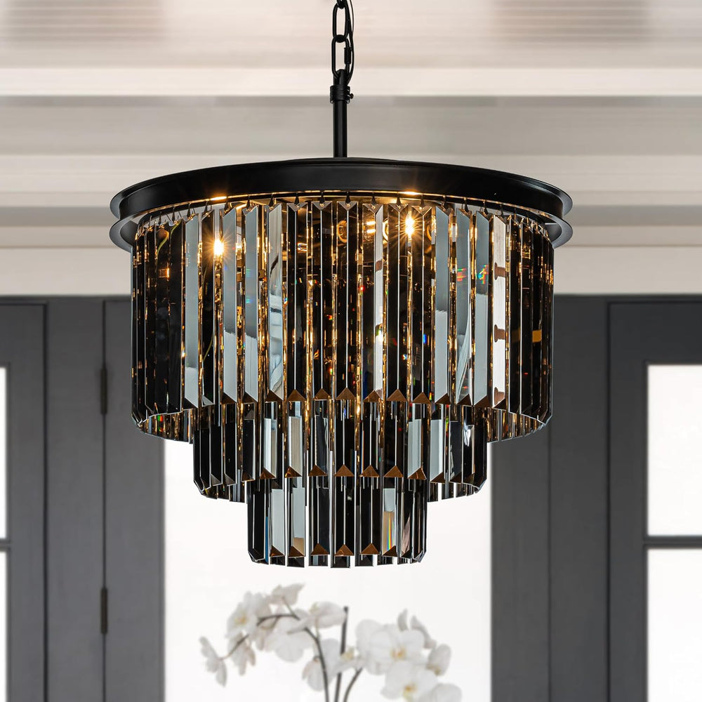 ALOADECOR 6-Light W 20 in. Modern Odeon 3-Tier Round Fringe Crystal Chandelie...