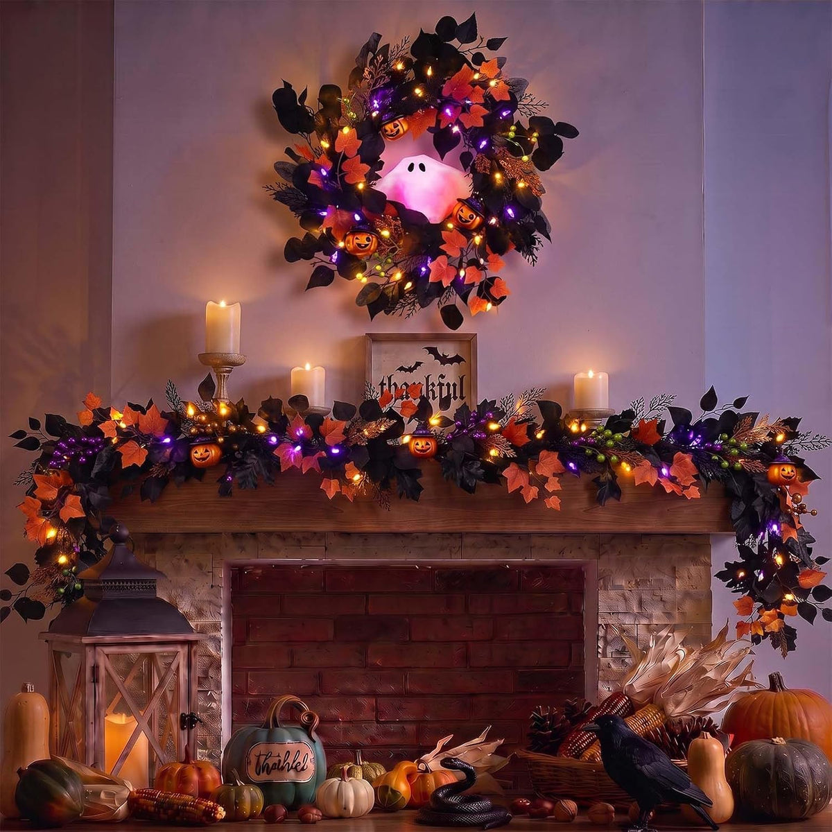 DecorbyHannah 20'' Halloween Wreath for Front Door with Lights Ghost Decor