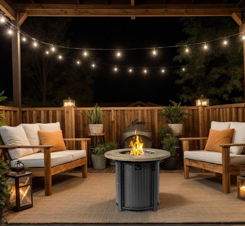 30'' Concrete Round Gas Fire Pit, 50,000 BTU Steel Outdoor Fire Table...