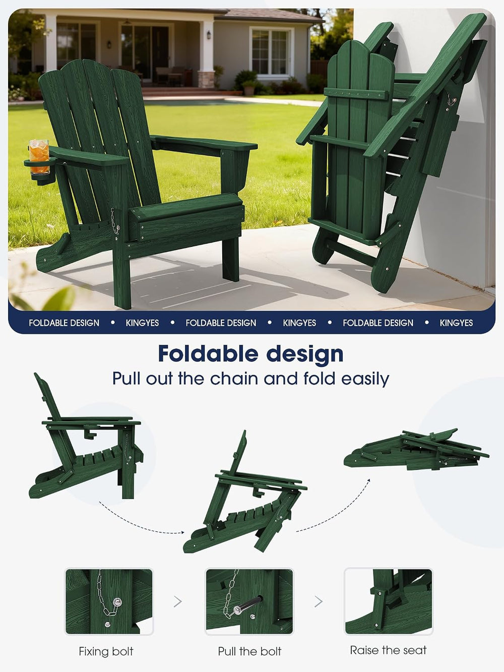 KINGYES Folding Adirondack Chair with Cup Holder, Green