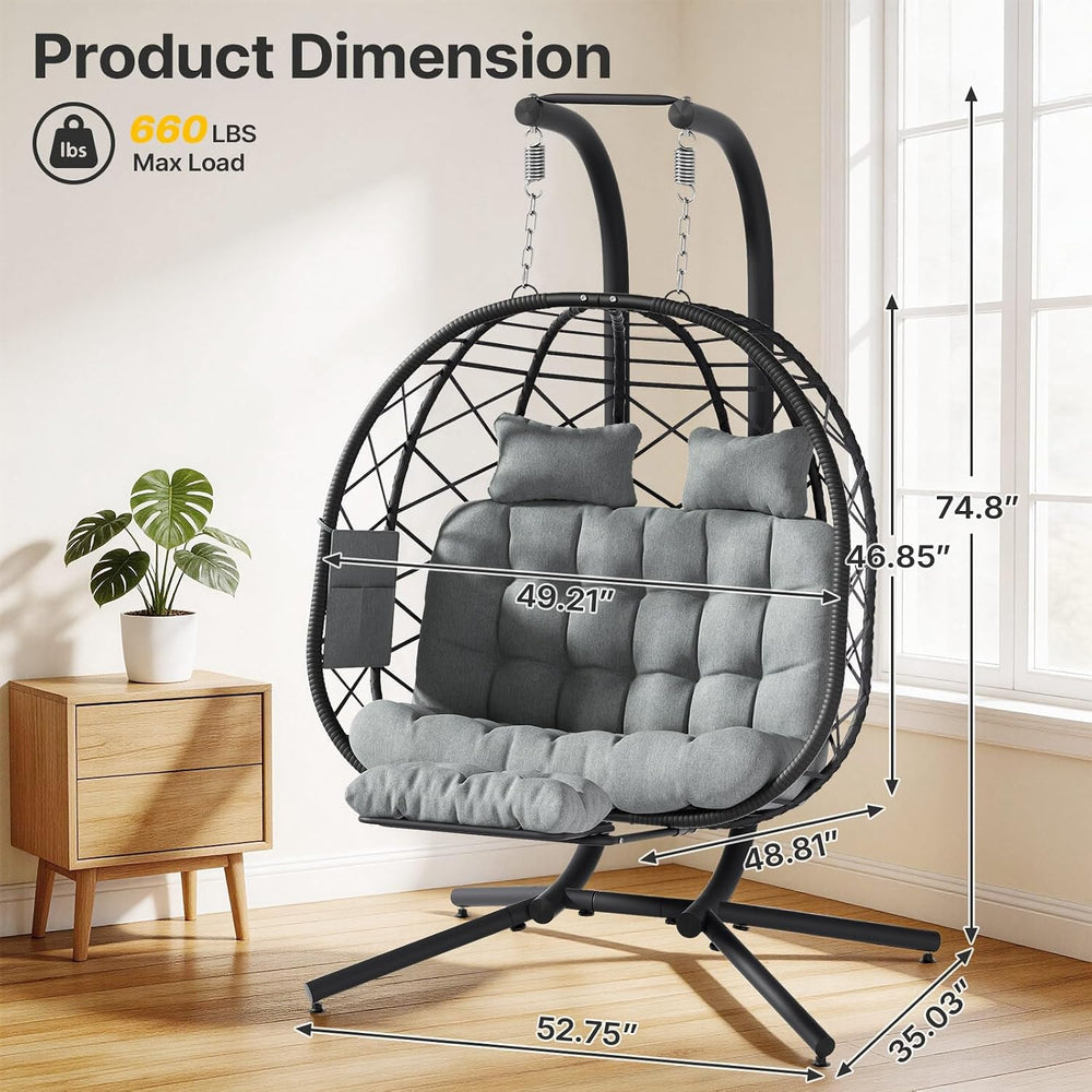 Suteck Double Hanging Egg Chair with Adjustable Footrest & Stand, Grey