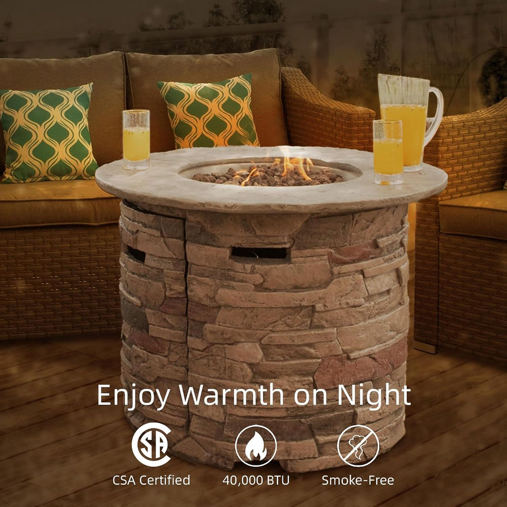 SUNBURY Outdoor Fire Pit Propane Round Fire Pit Table Fire Column, Stonecrest...