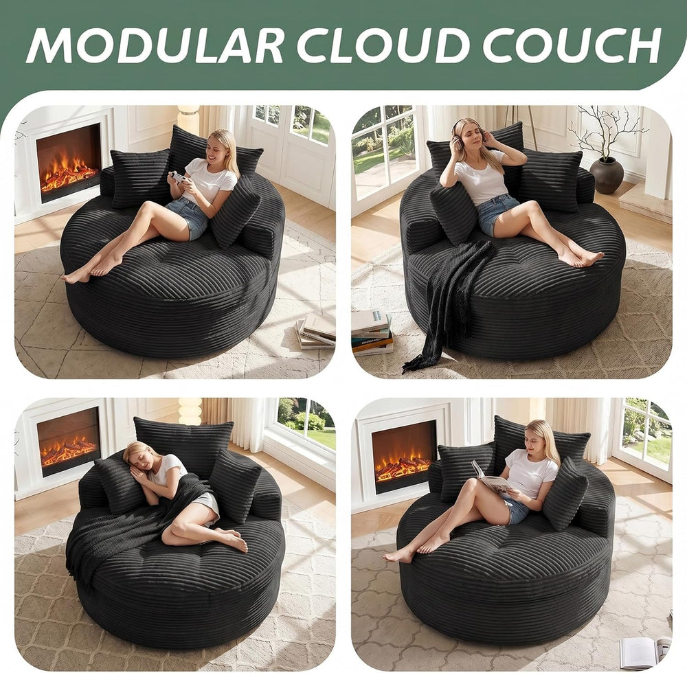 Oversized Round Chaise Lounge Chair, Deep Seat Cloud Boneless Floor Sofa Couc...