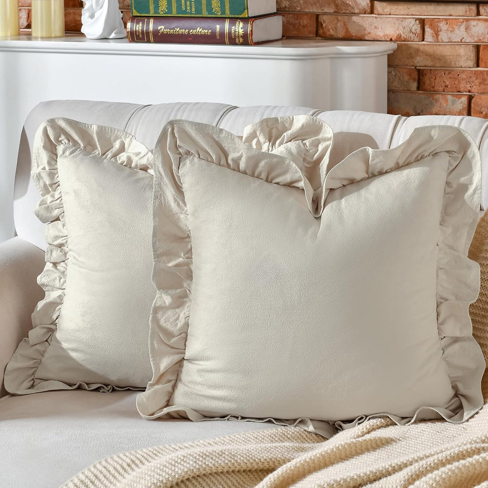 AmHoo Pack of 2 Throw Pillow Covers 100% Cotton Pre Washed Ruffle Decorative ...