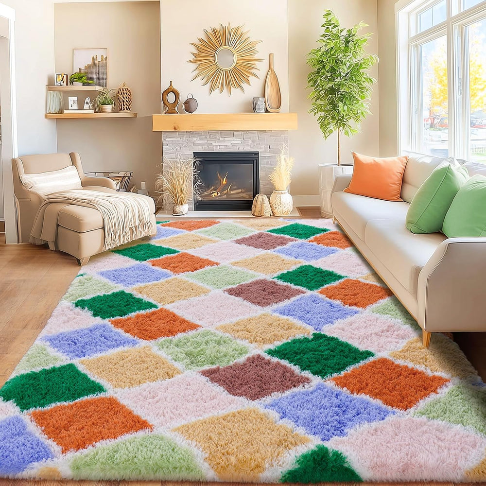 Area Rugs for Living Room Bedroom 8x10, Colorful Fluffy Checkered Rug