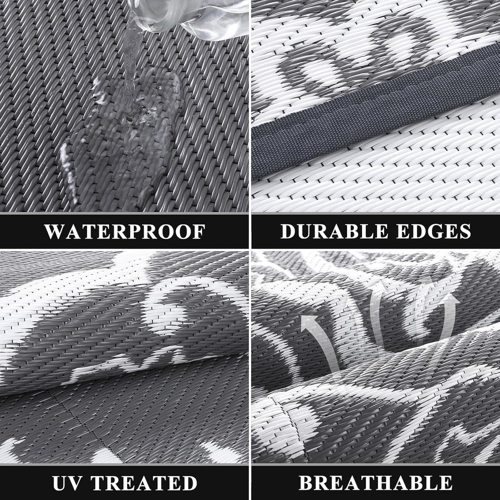 Pauwer Outdoor Rug 10x14, Waterproof Plastic Straw Camping Rug, Boho Grey