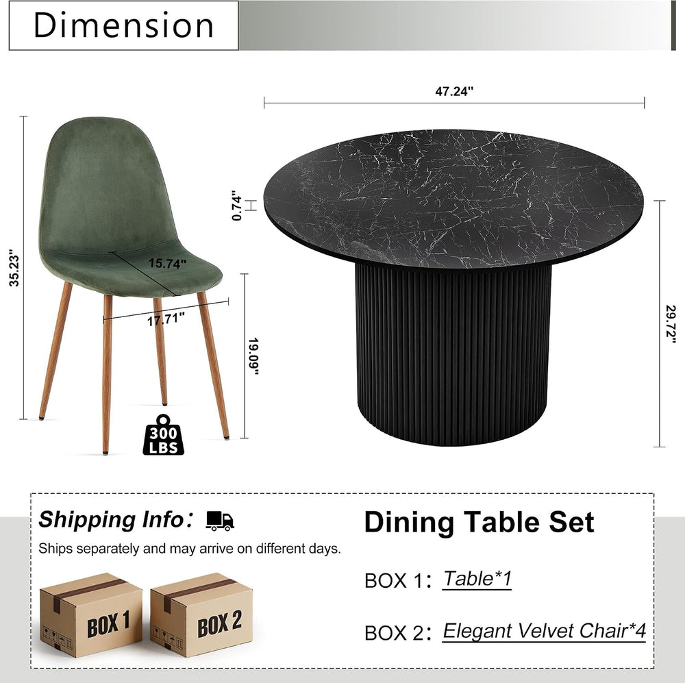Dining Table Set for 4, Mid Century Modern 47 Inch Black Marble-Look Wooden R...