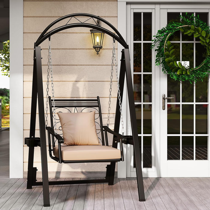 Tangkula Porch Swing with Stand, Outdoor Patio Swing with Heavy-Duty Metal Frame, Removable Cushions, Side Tables, Armrests for Garden, Balcony, Backyard, Poolside