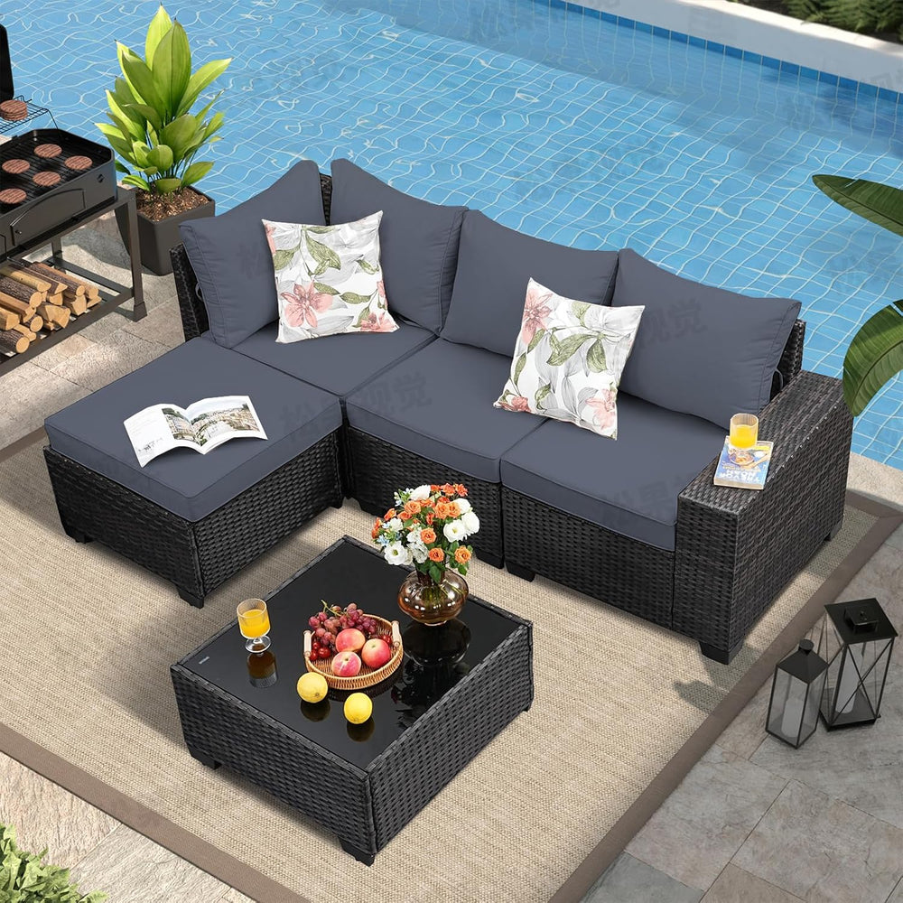 5 Pieces Patio Furniture Set, Wicker Outdoor Conversation Sets with Tea Table...