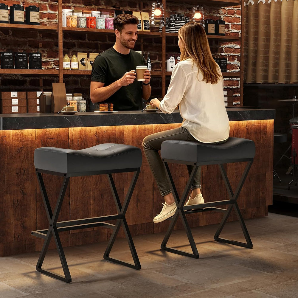 Counter Height Bar Stools Set of 2, Backless 26" Saddle Barstools, Grey