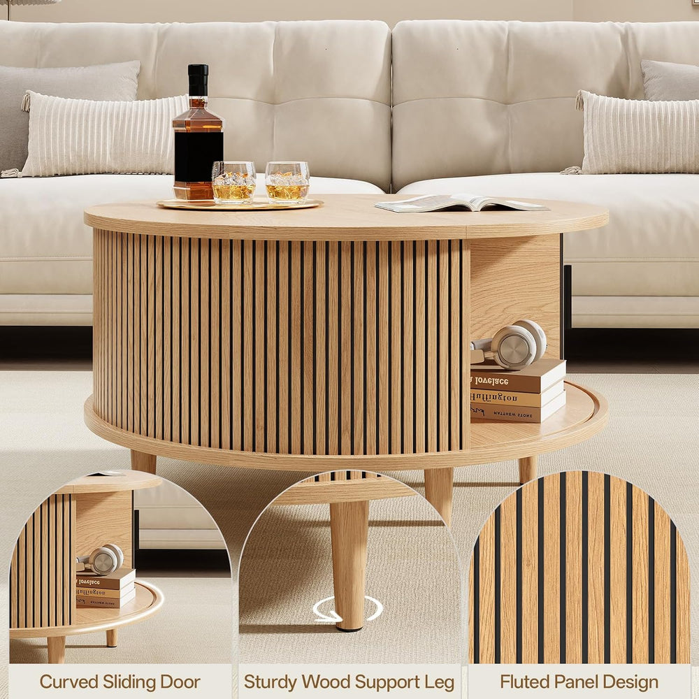 Round Coffee Table with Storage, Mid Century Modern Coffee Table, Fluted Dini...