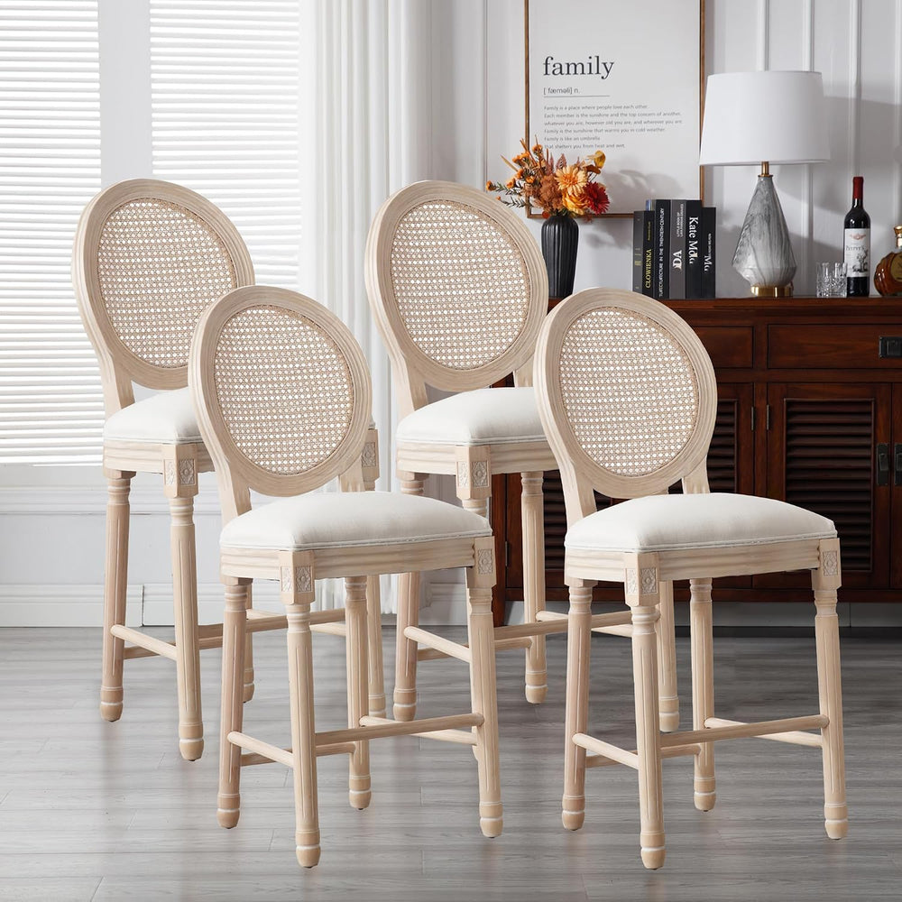 French Country Bar Stools Set of 4, 26 Inch Rattan Counter Stools