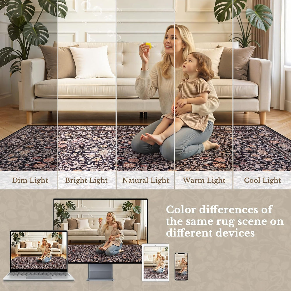 5x7 Area Rug Living Room: Soft Floral Washable Boho Carpet Brown